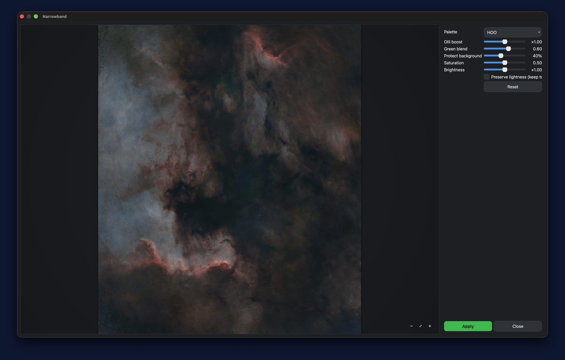 The same nebula after Nocturne's narrowband colour mapping