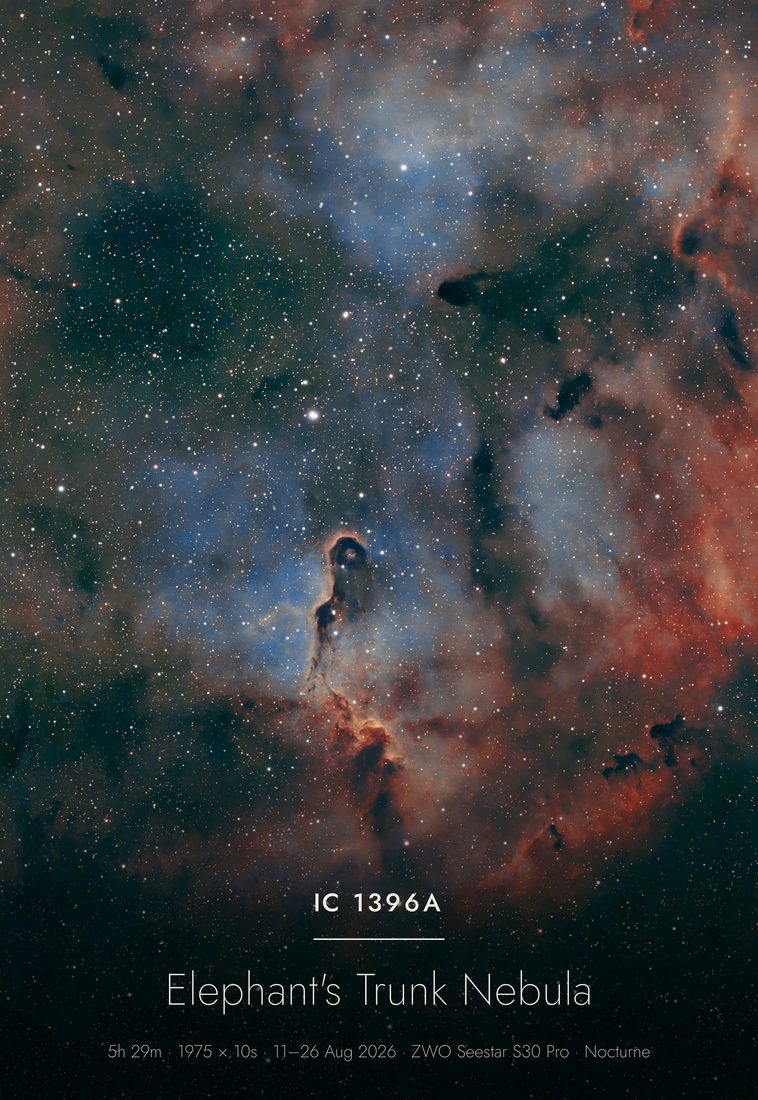 IC 1396A photographed with a ZWO Seestar and finished in Nocturne — 1975 × 10s · 5h 29m total integration