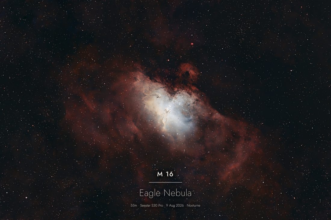 M 16 photographed with a ZWO Seestar and finished in Nocturne — 333 × 10s · 56m total integration