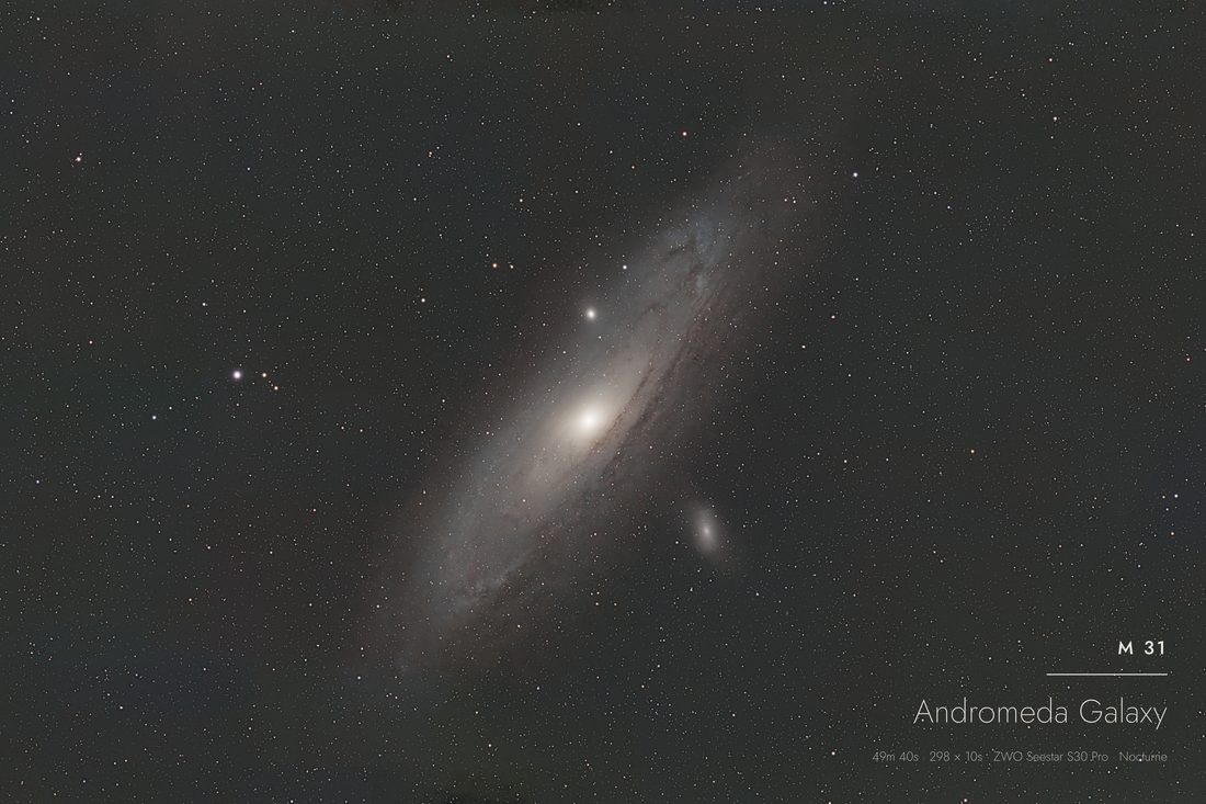 M 31 photographed with a ZWO Seestar and finished in Nocturne — 298 × 10s · 50m total integration