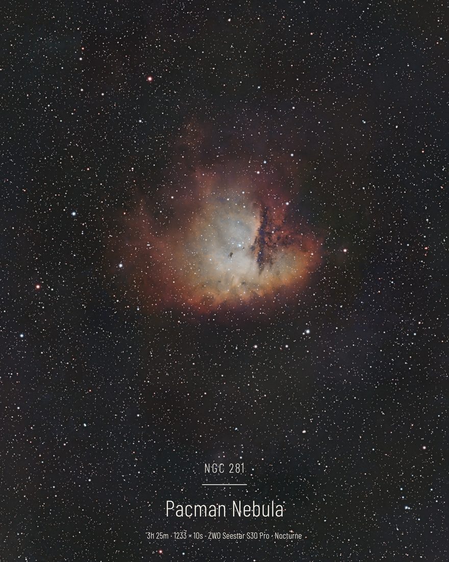 NGC 281 photographed with a ZWO Seestar and finished in Nocturne — 1233 × 10s · 3h 26m total integration