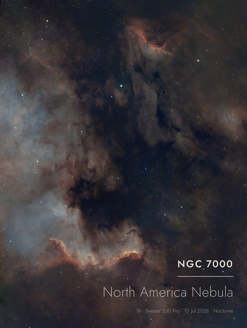 NGC 7000 photographed with a ZWO Seestar and finished in Nocturne — 163 × 20s · 54m total integration