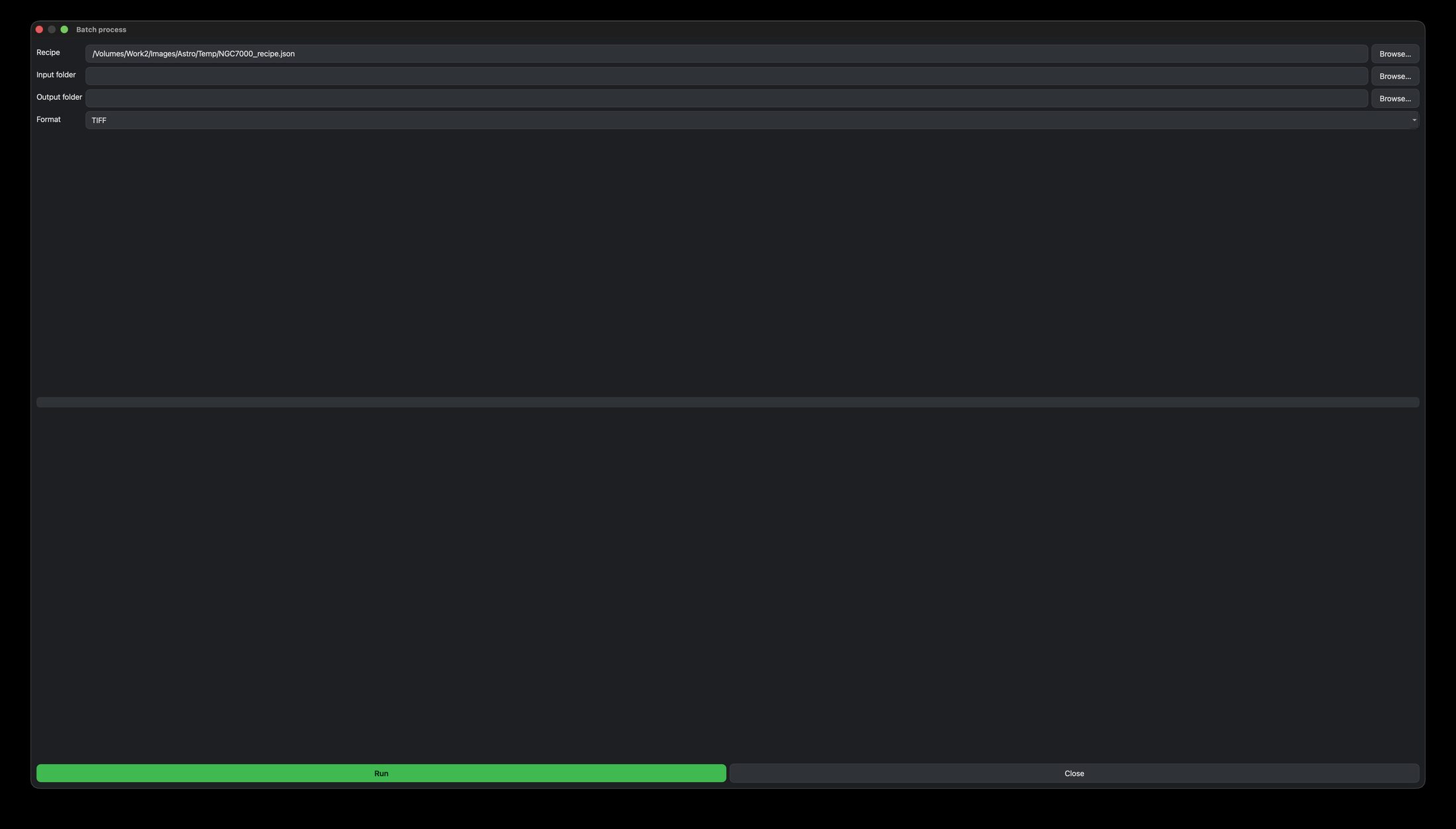 Nocturne's Batch dialog processing a folder of FITS files with a recipe