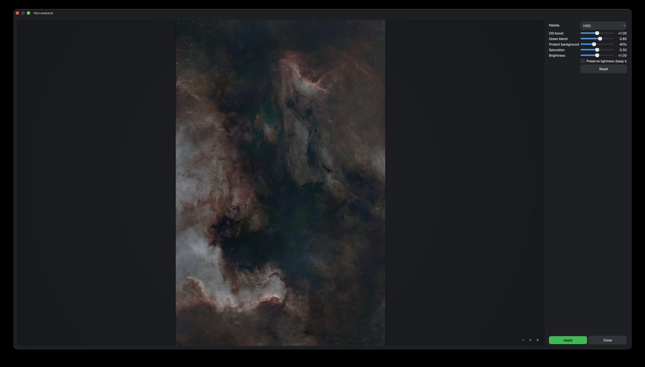 Nocturne's Narrowband dialog with palette and adjustment sliders over a live preview