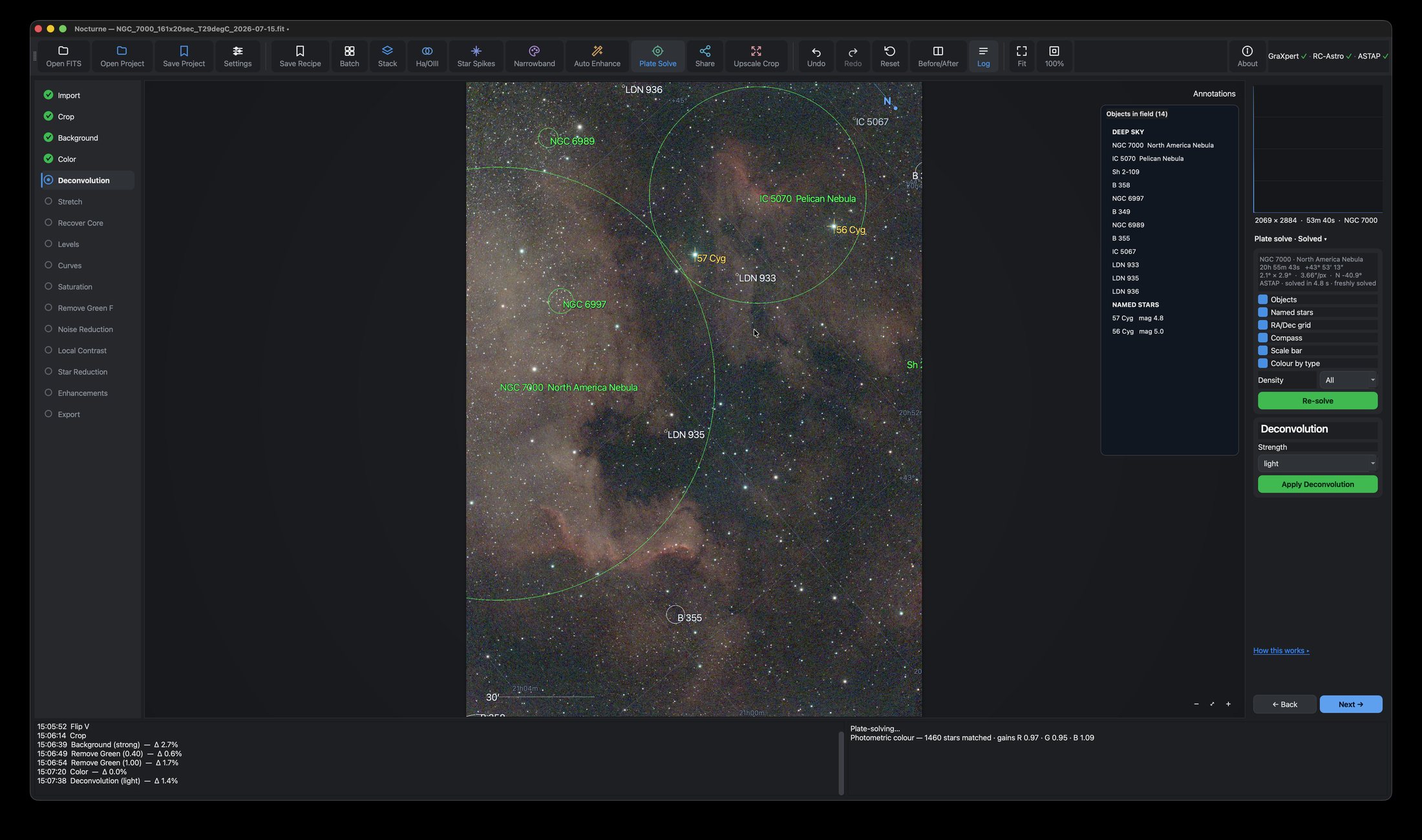 Nocturne with a solved NGC 7000 frame: labelled objects, a coordinate grid, a compass, a scale bar, and the objects-in-field list