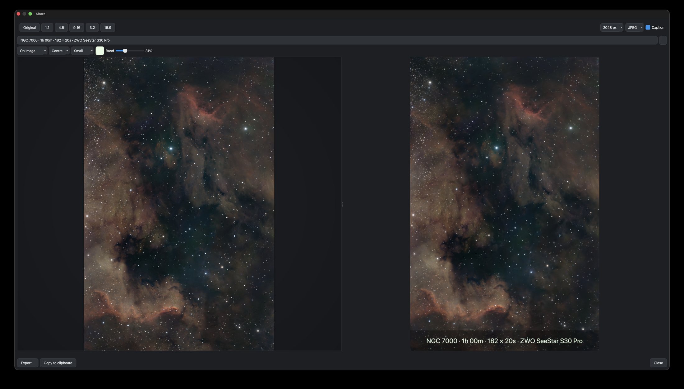 Nocturne's Share dialog: aspect buttons, an editable caption with placement, alignment, size, colour and band controls, and a live preview of the result
