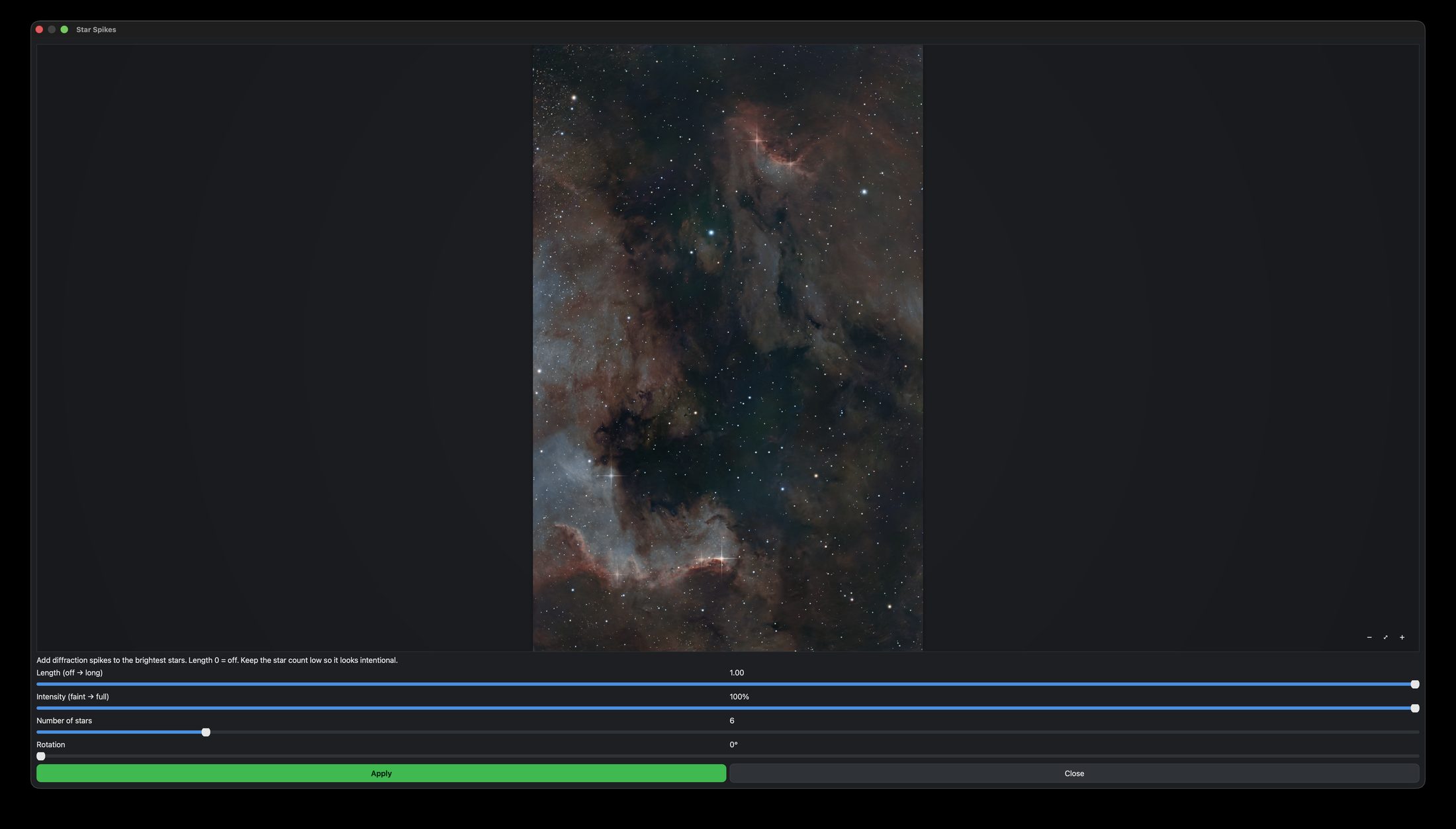 Nocturne's Star Spikes dialog with length, intensity, count and rotation sliders
