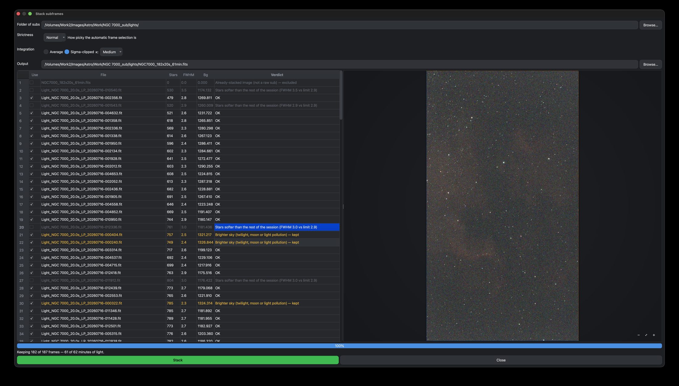Nocturne's Stack dialog with a per-frame grading table and a frame preview