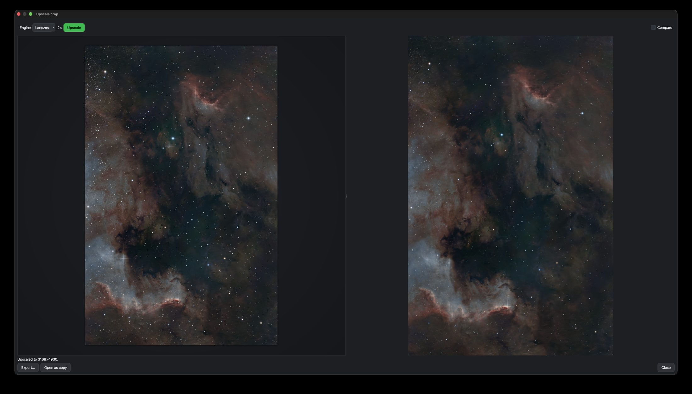 Nocturne's Upscale Crop dialog with a crop box and 2x compare