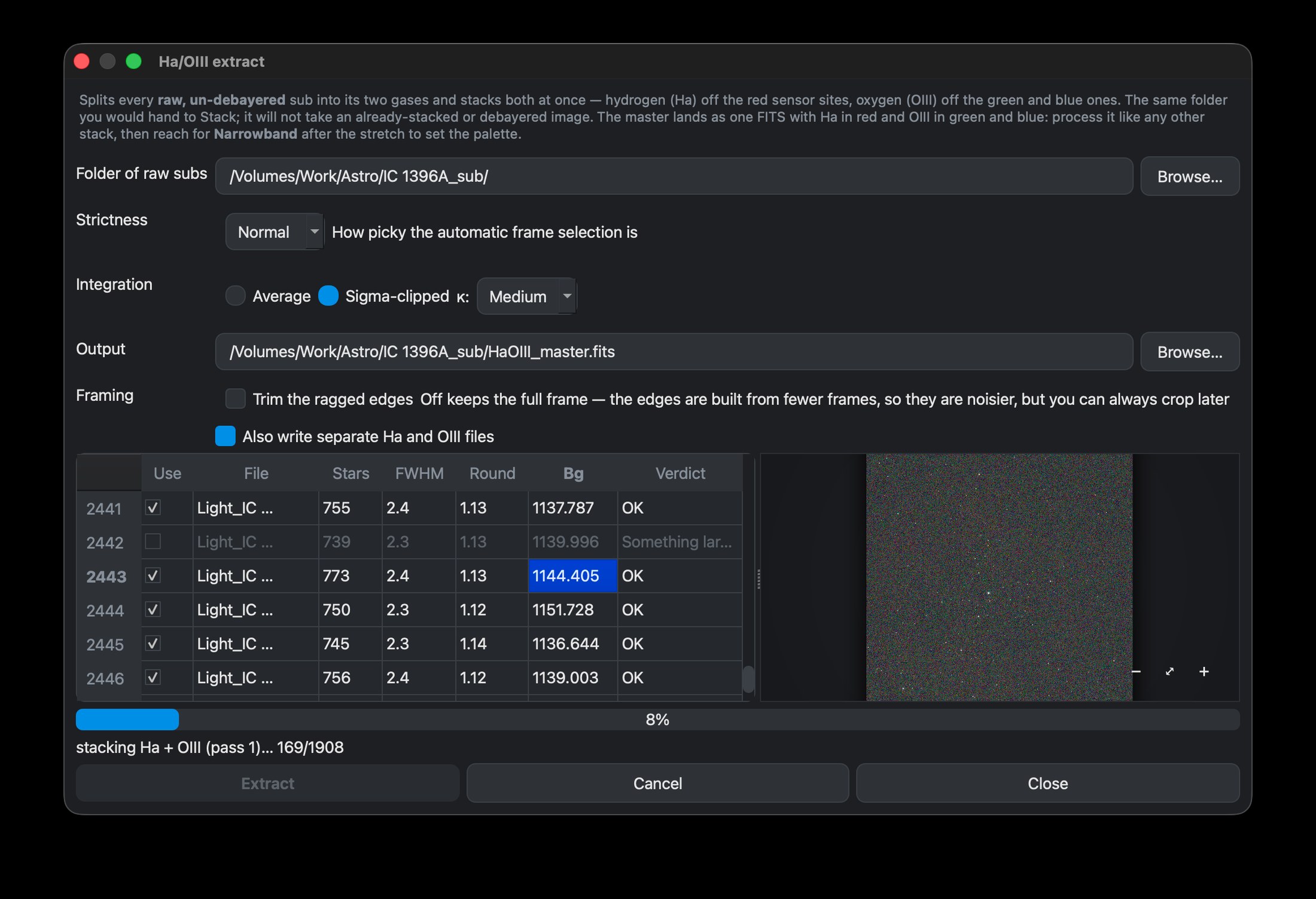 Nocturne's Ha/OIII extractor grading a folder of raw subs, with separate Ha and OIII files enabled